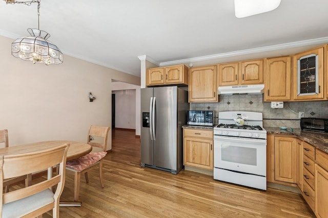 4 Springview Ct, East Patchogue, NY 11772 - kitchen featuring stainless steel appliances, under cabinet range hood, crown molding, decorative backsplash, and light wood-style flooring