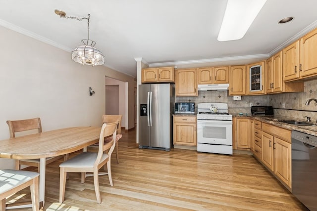 4 Springview Ct, East Patchogue, NY 11772 - kitchen featuring stainless steel appliances, under cabinet range hood, ornamental molding, glass insert cabinets, and light wood-type flooring