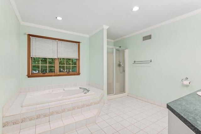 4 Springview Ct, East Patchogue, NY 11772 - full bath with a garden tub, a stall shower, vanity, crown molding, and recessed lighting
