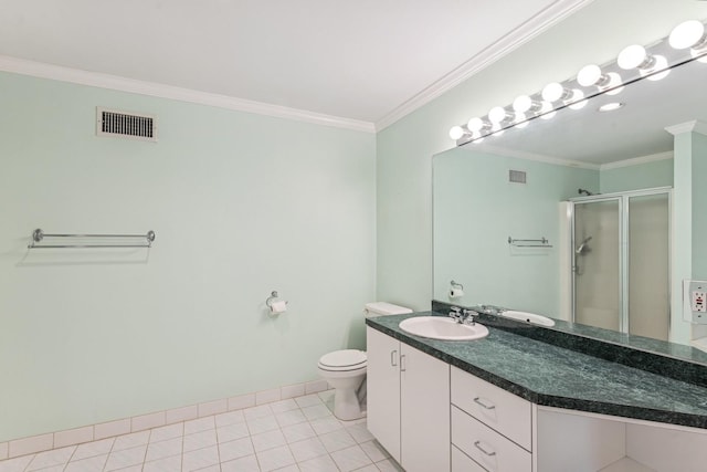 4 Springview Ct, East Patchogue, NY 11772 - full bathroom with vanity, a stall shower, crown molding, and tile patterned floors