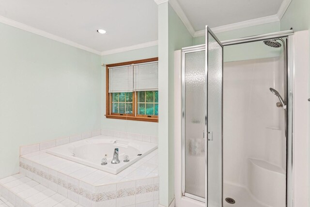 4 Springview Ct, East Patchogue, NY 11772 - bathroom with a shower stall, crown molding, a jetted tub, and recessed lighting