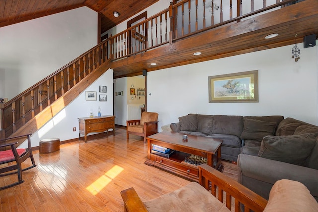 110 Read Rd, Red Hook, NY 12571 - living room with hardwood / wood-style floors, wood ceiling, stairway, high vaulted ceiling, and recessed lighting