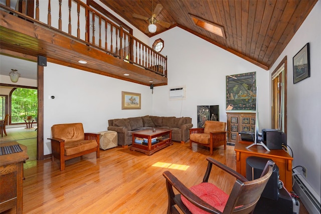 110 Read Rd, Red Hook, NY 12571 - living room featuring light wood finished floors, a baseboard radiator, wood ceiling, high vaulted ceiling, and ceiling fan