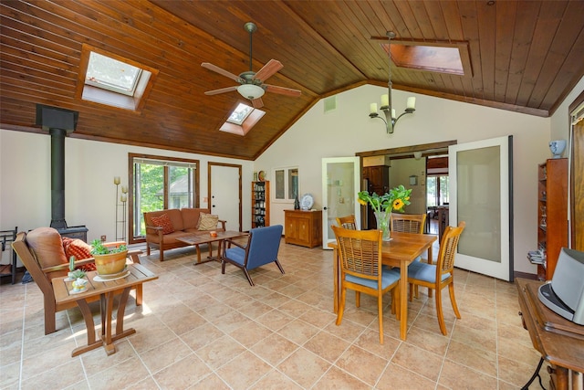 110 Read Rd, Red Hook, NY 12571 - dining area featuring a skylight, a wood stove, wooden ceiling, high vaulted ceiling, and a ceiling fan