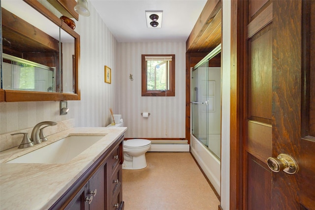 110 Read Rd, Red Hook, NY 12571 - bathroom with wallpapered walls, vanity, baseboard heating, and enclosed tub / shower combo
