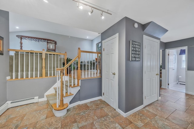 7 Simon Ct, East Northport, NY 11731 - stairway featuring stone tile floors and a baseboard radiator
