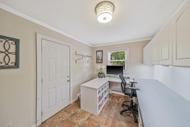 7 Simon Ct, East Northport, NY 11731 - office area featuring stone finish flooring, crown molding, and a baseboard heating unit