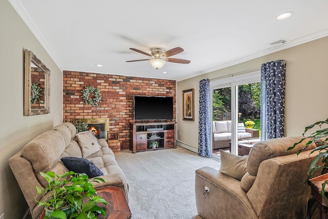 7 Simon Ct, East Northport, NY 11731 - living room featuring light carpet, a ceiling fan, ornamental molding, a baseboard radiator, and a fireplace
