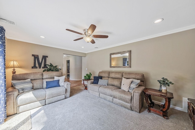 7 Simon Ct, East Northport, NY 11731 - living area with carpet, a ceiling fan, crown molding, and recessed lighting