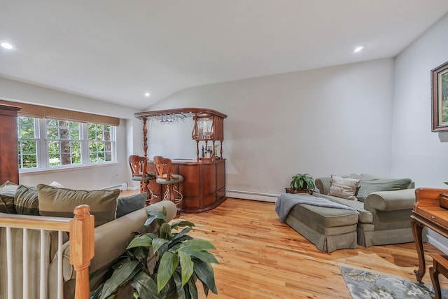 7 Simon Ct, East Northport, NY 11731 - living room with baseboard heating, light wood-style floors, recessed lighting, and lofted ceiling