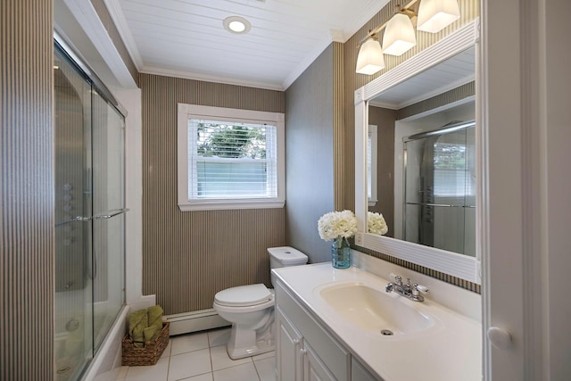 7 Simon Ct, East Northport, NY 11731 - bathroom with ornamental molding, vanity, a baseboard heating unit, tile patterned flooring, and shower / bath combination with glass door