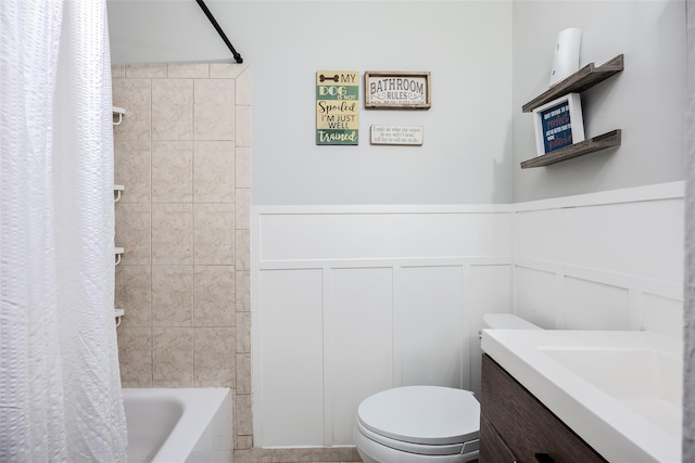 95 Pointe Cir S Unit 95, Coram, NY 11727 - full bath with a decorative wall, wainscoting, shower / tub combo, and vanity