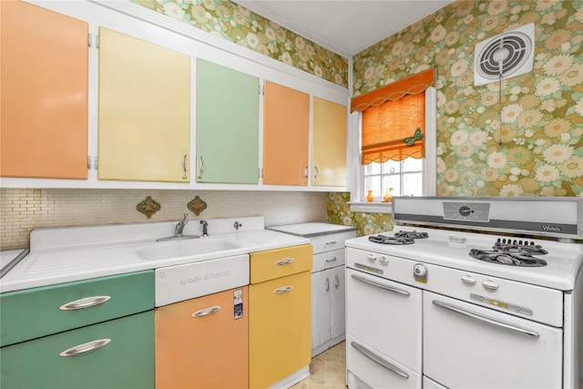 68 Moore St, New Hyde Park, NY 11040 - kitchen with double oven range, wallpapered walls, and light countertops