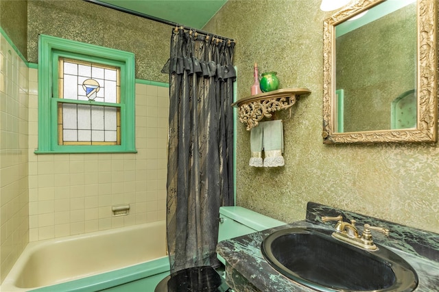 68 Moore St, New Hyde Park, NY 11040 - bathroom with shower / tub combo with curtain and vanity