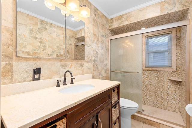 91-23 156th Ave, Howard Beach, NY 11414 - full bath with crown molding, tile walls, vanity, a stall shower, and tile patterned flooring