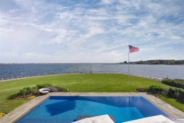 59 Shore Rd, Westhampton, NY 11977 - swimming pool with a water view and a yard