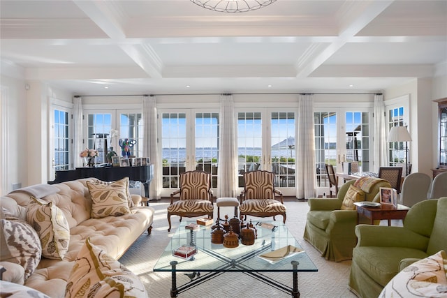 59 Shore Rd, Westhampton, NY 11977 - sunroom featuring french doors, coffered ceiling, beam ceiling, and plenty of natural light