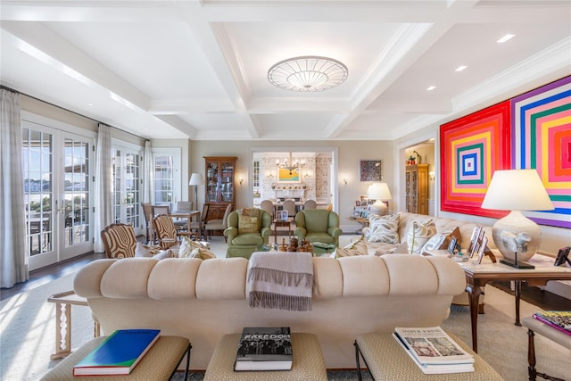 59 Shore Rd, Westhampton, NY 11977 - living room featuring coffered ceiling, crown molding, beamed ceiling, french doors, and a chandelier