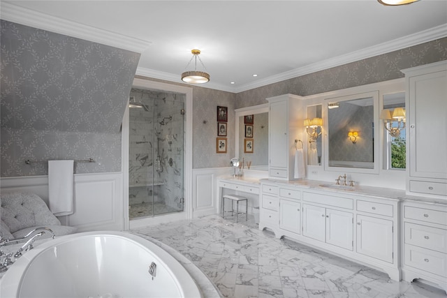 59 Shore Rd, Westhampton, NY 11977 - full bath featuring a marble finish shower, vanity, a decorative wall, wainscoting, and a bathtub