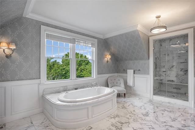59 Shore Rd, Westhampton, NY 11977 - full bath with a bath, a marble finish shower, marble finish flooring, crown molding, and wainscoting
