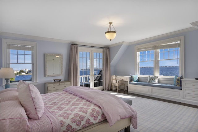 59 Shore Rd, Westhampton, NY 11977 - bedroom with a water view, multiple windows, and crown molding