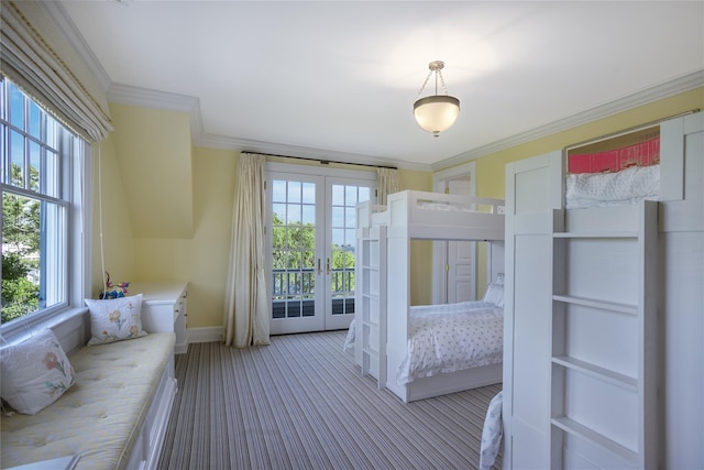 59 Shore Rd, Westhampton, NY 11977 - bedroom featuring french doors, carpet floors, access to exterior, and crown molding