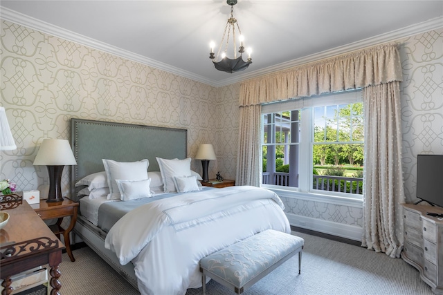 59 Shore Rd, Westhampton, NY 11977 - bedroom with wallpapered walls, ornamental molding, and a chandelier