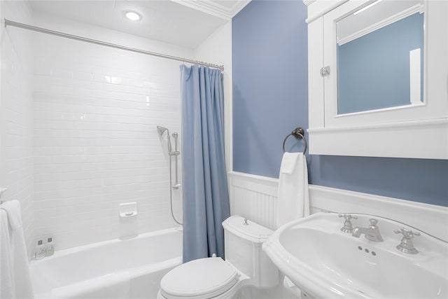 59 Shore Rd, Westhampton, NY 11977 - bathroom with shower / bath combo, wainscoting, and ornamental molding
