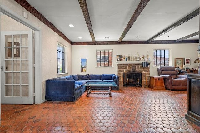 7318 180th St, Fresh Meadows, NY 11366 - living area with a fireplace, beamed ceiling, and recessed lighting