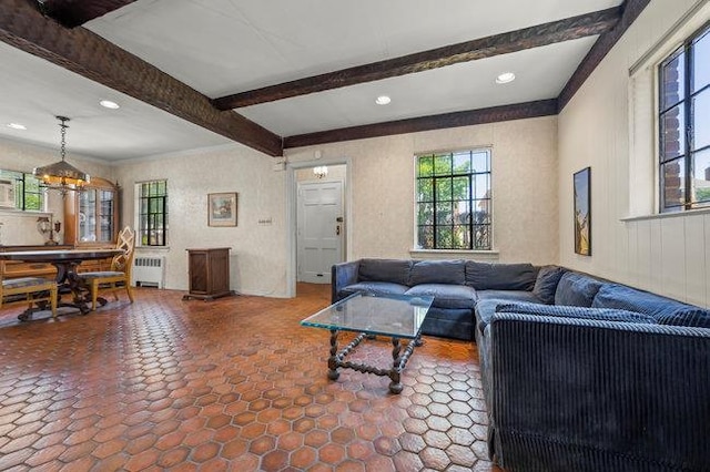 7318 180th St, Fresh Meadows, NY 11366 - living area featuring beam ceiling, radiator, and recessed lighting