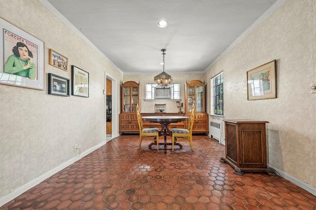 7318 180th St, Fresh Meadows, NY 11366 - dining room with crown molding, radiator heating unit, and a chandelier