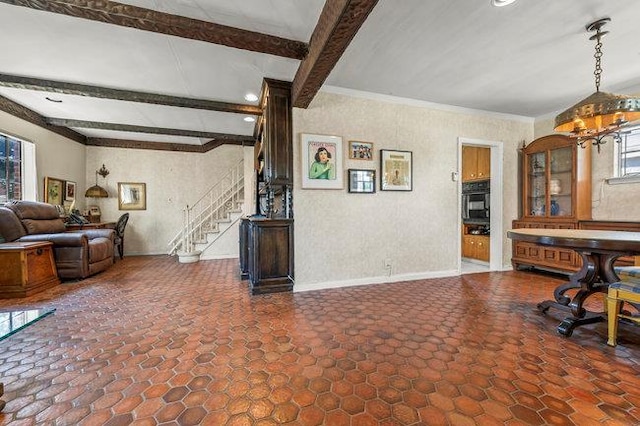 7318 180th St, Fresh Meadows, NY 11366 - dining space featuring beamed ceiling, stairs, recessed lighting, and a chandelier