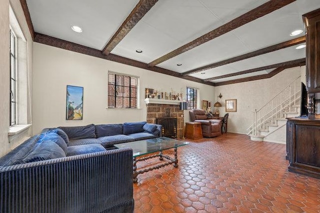 7318 180th St, Fresh Meadows, NY 11366 - living area with beamed ceiling, stairway, a fireplace, and recessed lighting