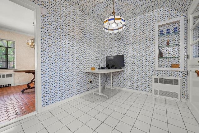 7318 180th St, Fresh Meadows, NY 11366 - unfurnished dining area with radiator, wallpapered walls, tile patterned floors, a chandelier, and ornamental molding
