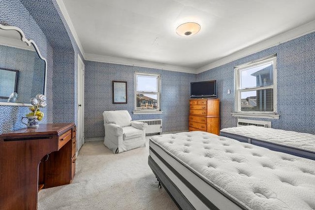 7318 180th St, Fresh Meadows, NY 11366 - bedroom featuring crown molding, multiple windows, carpet, radiator heating unit, and wallpapered walls
