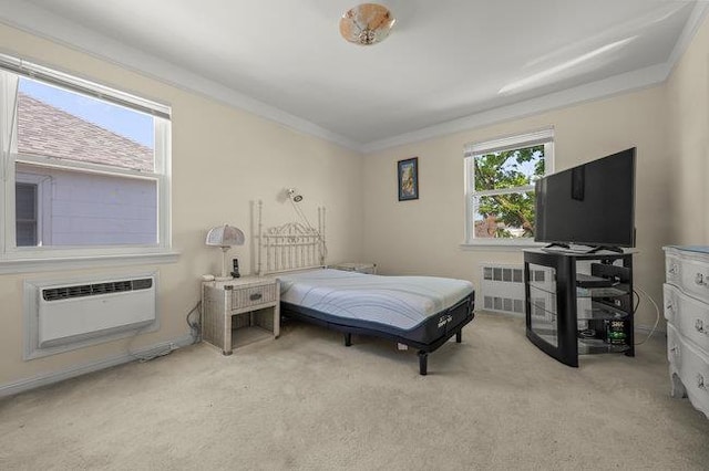 7318 180th St, Fresh Meadows, NY 11366 - bedroom with radiator heating unit, light colored carpet, an AC wall unit, and crown molding