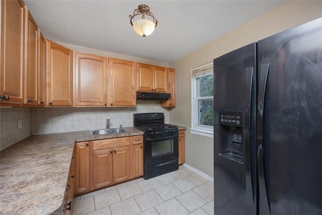 75-06A 255th St Unit A, Glen Oaks, NY 11004 - kitchen with black appliances, under cabinet range hood, tasteful backsplash, and light tile patterned floors