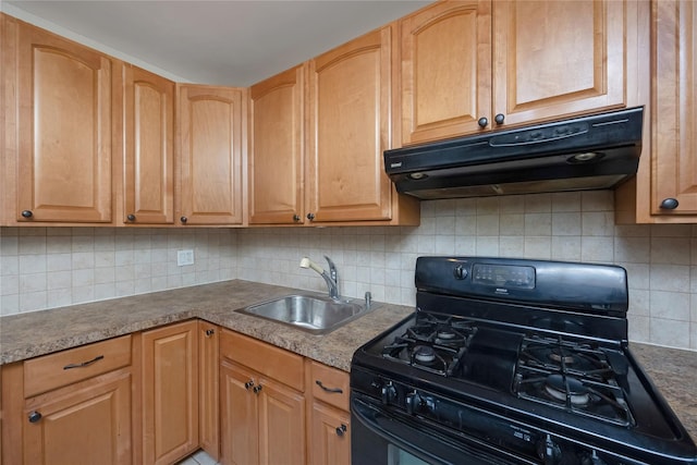 75-06A 255th St Unit A, Glen Oaks, NY 11004 - kitchen with black gas range oven, under cabinet range hood, and decorative backsplash
