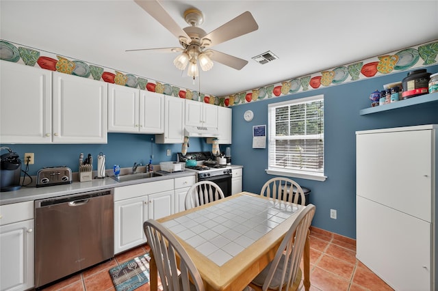 3 Stanford Dr, Highland Mills, NY 10930 - kitchen with white appliances, under cabinet range hood, light tile patterned floors, and a ceiling fan