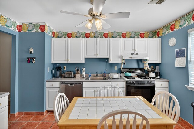 3 Stanford Dr, Highland Mills, NY 10930 - kitchen with range hood, gas range, a ceiling fan, stainless steel dishwasher, and white cabinets