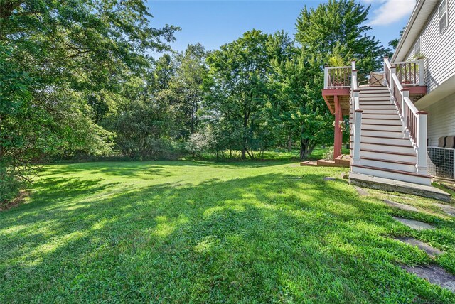 3 Stanford Dr, Highland Mills, NY 10930 - view of green lawn with stairs and a wooden deck