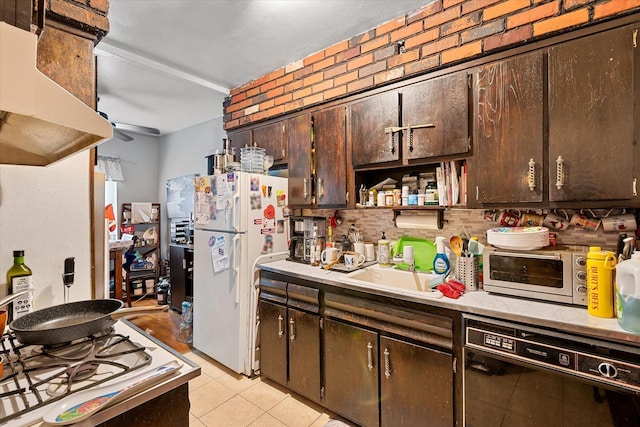 51-23 71st St, Woodside, NY 11377 - kitchen featuring black dishwasher, freestanding refrigerator, dark brown cabinets, backsplash, and light countertops