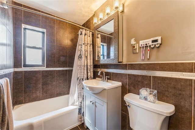 217-22 73rd Ave Upper, Upper, Oakland Gardens, NY 11364 - full bathroom with tile walls, vanity, and shower / bathtub combination with curtain