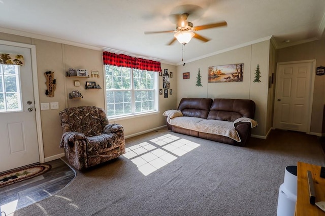 101 W Peenpack Trl, Sparrowbush, NY 12780 - living area featuring a ceiling fan, carpet, and crown molding