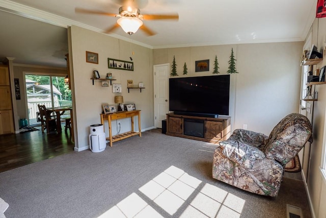 101 W Peenpack Trl, Sparrowbush, NY 12780 - carpeted living room with a ceiling fan and ornamental molding