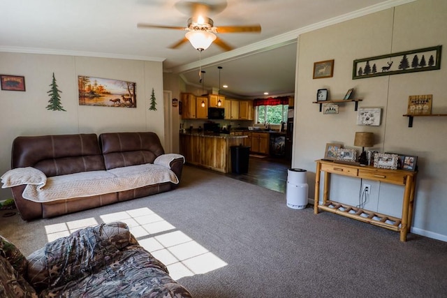 101 W Peenpack Trl, Sparrowbush, NY 12780 - living room featuring dark carpet, ceiling fan, crown molding, and vaulted ceiling