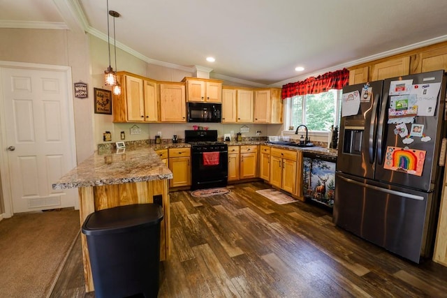 101 W Peenpack Trl, Sparrowbush, NY 12780 - kitchen featuring black appliances, crown molding, a peninsula, vaulted ceiling, and dark wood-type flooring