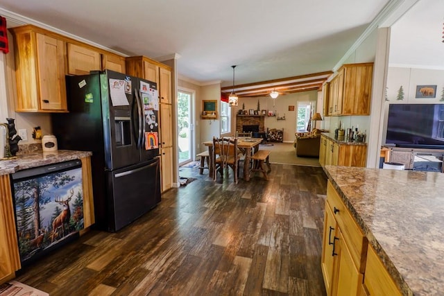 101 W Peenpack Trl, Sparrowbush, NY 12780 - kitchen featuring black appliances, dark wood-style floors, open floor plan, crown molding, and stone counters