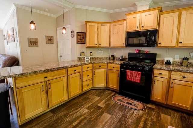 101 W Peenpack Trl, Sparrowbush, NY 12780 - kitchen featuring black appliances, dark wood-style flooring, a peninsula, hanging light fixtures, and light brown cabinets