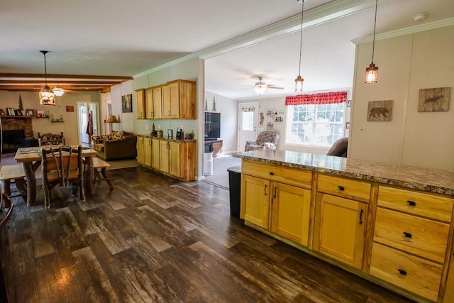 101 W Peenpack Trl, Sparrowbush, NY 12780 - kitchen featuring dark wood-style flooring, a ceiling fan, open floor plan, decorative light fixtures, and ornamental molding